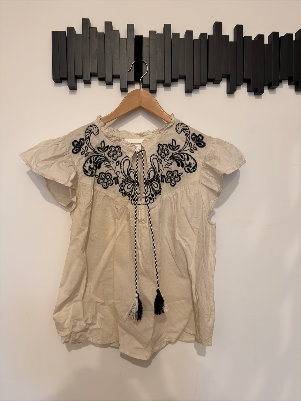 H&M Cream Blouse with Black Floral Embroidery